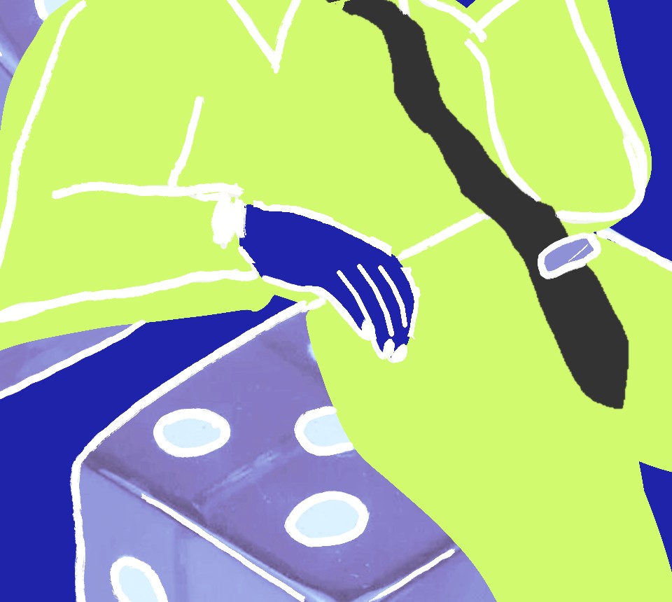 Close-up: the drawn hand resting on the suit, the tie beside it