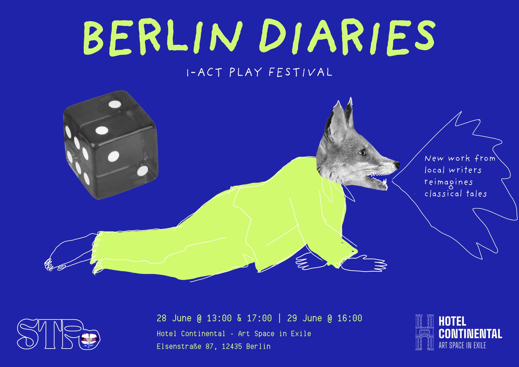 The wide poster: title across the top, the lying fox speaking, the dates at the foot