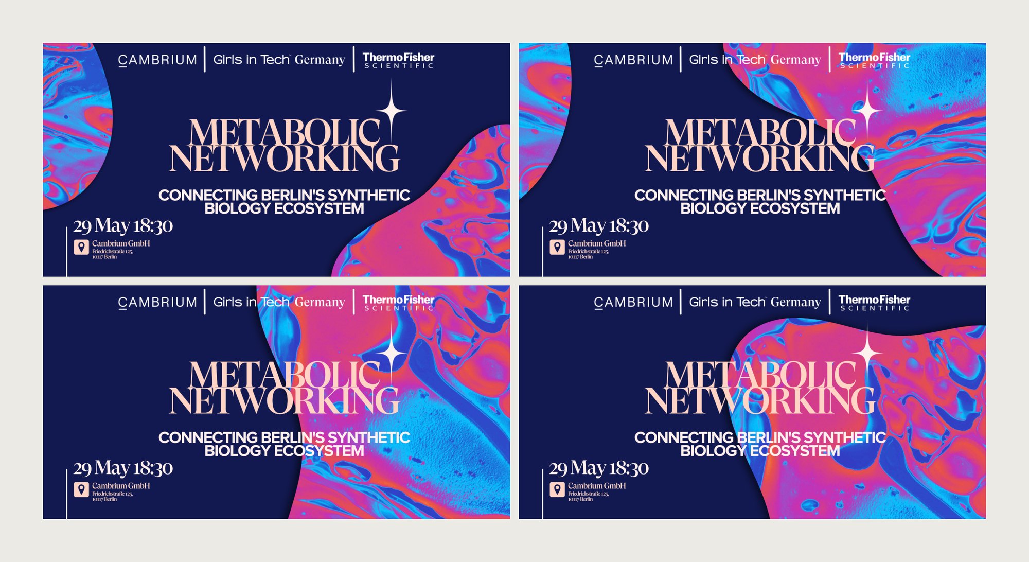 Four versions of the Eventbrite banner, each with the liquid shape cut differently