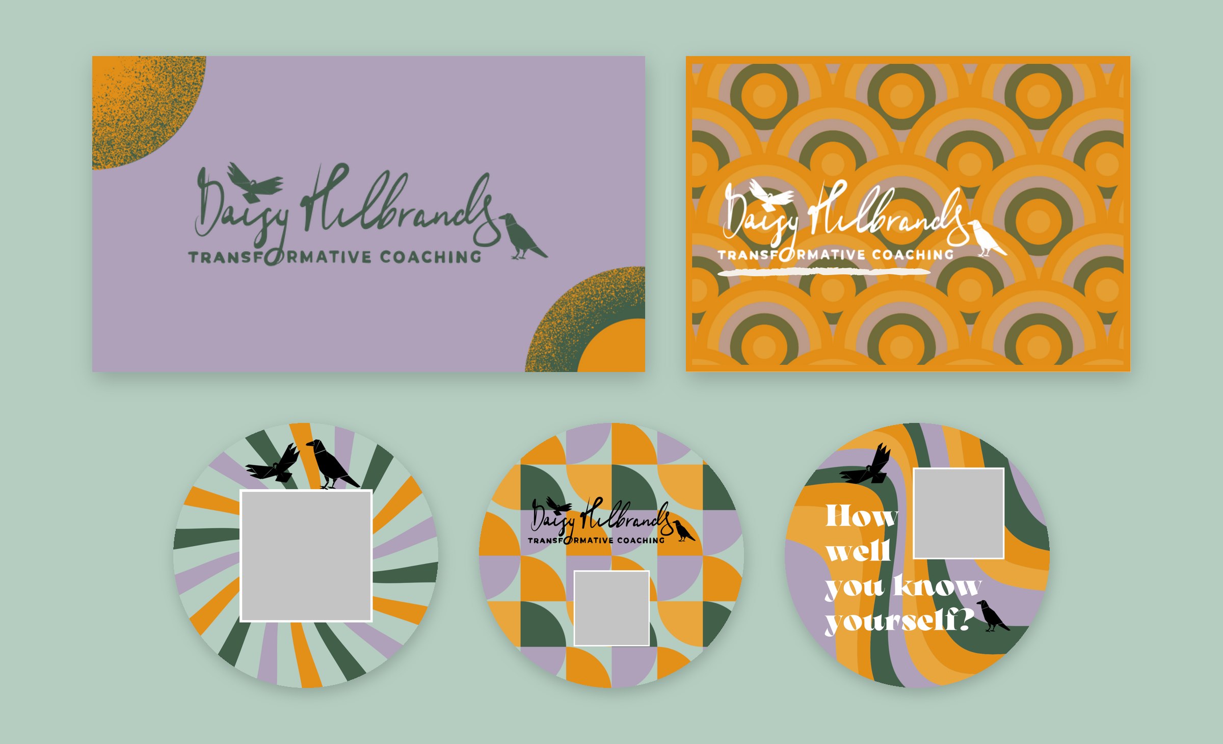 Her print files flat on mint: the lilac contact card (front), the orange postcard and three round stickers, the QR codes greyed