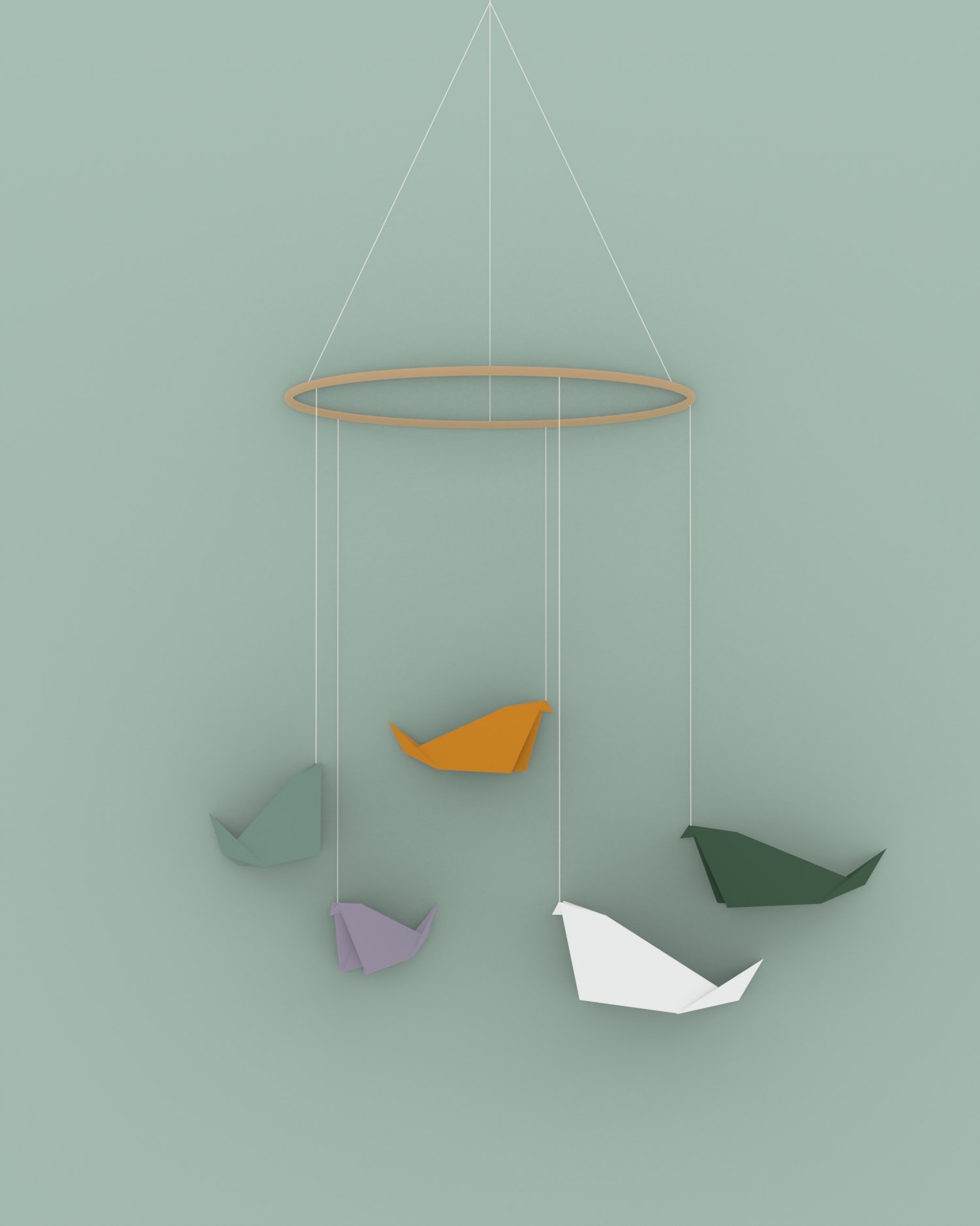 A mobile of five paper crows in her four colours hanging from a wooden ring, on mint