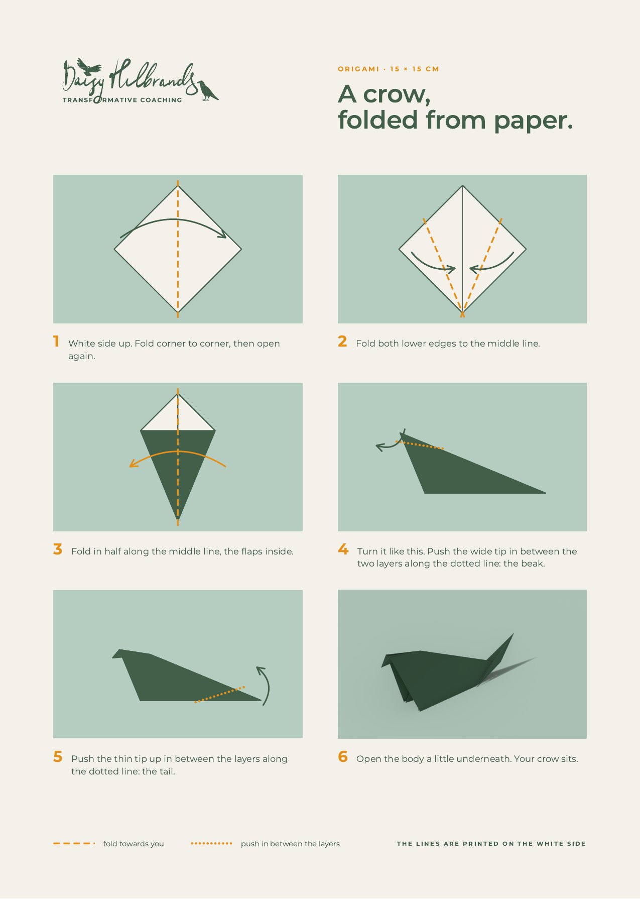 The A4 fold diagram A crow, folded from paper: six steps on mint squares and the folded crow