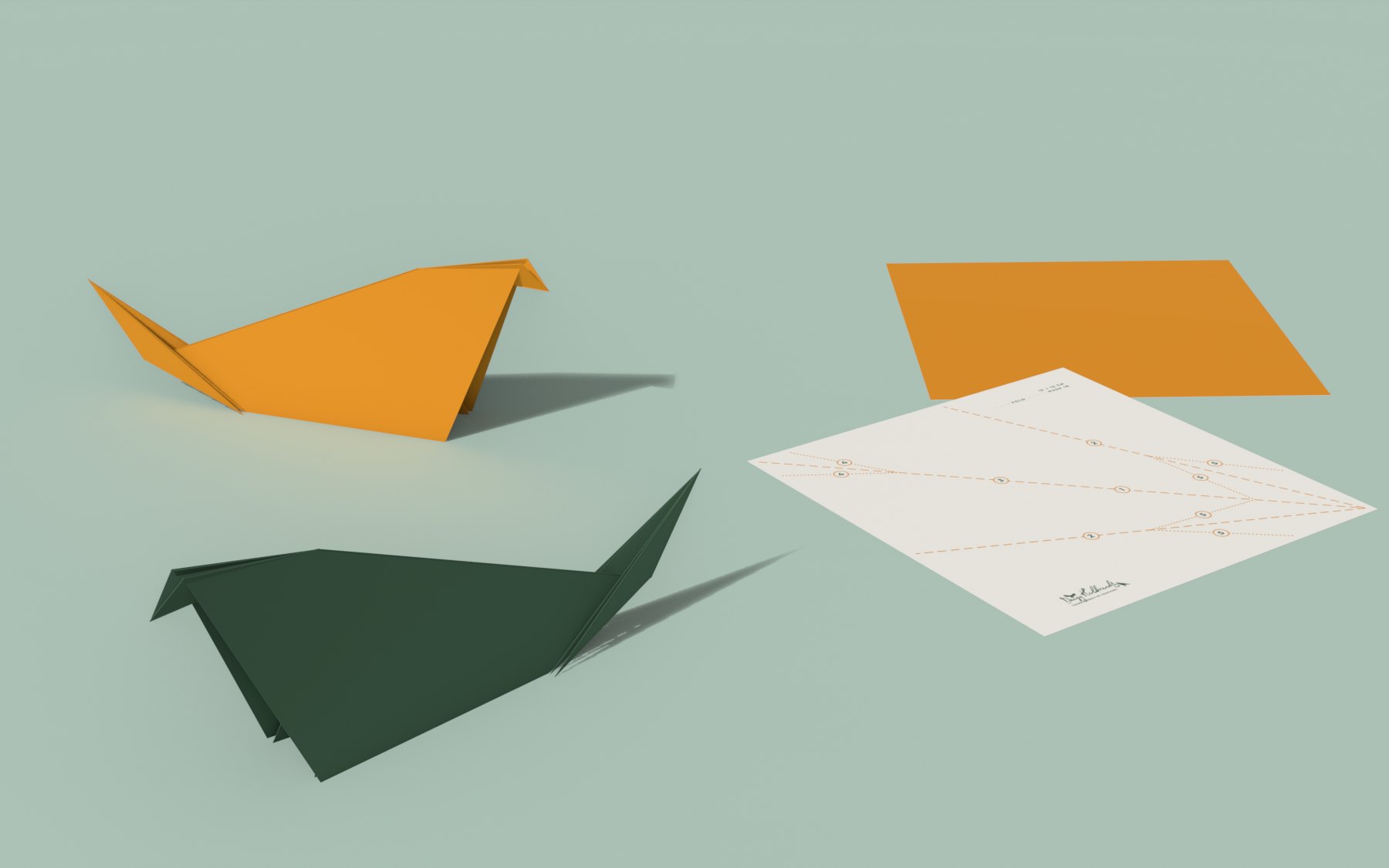 Two paper crows, orange and dark green, folded from the origami sheet, an orange square and the white back with its printed fold lines, on mint