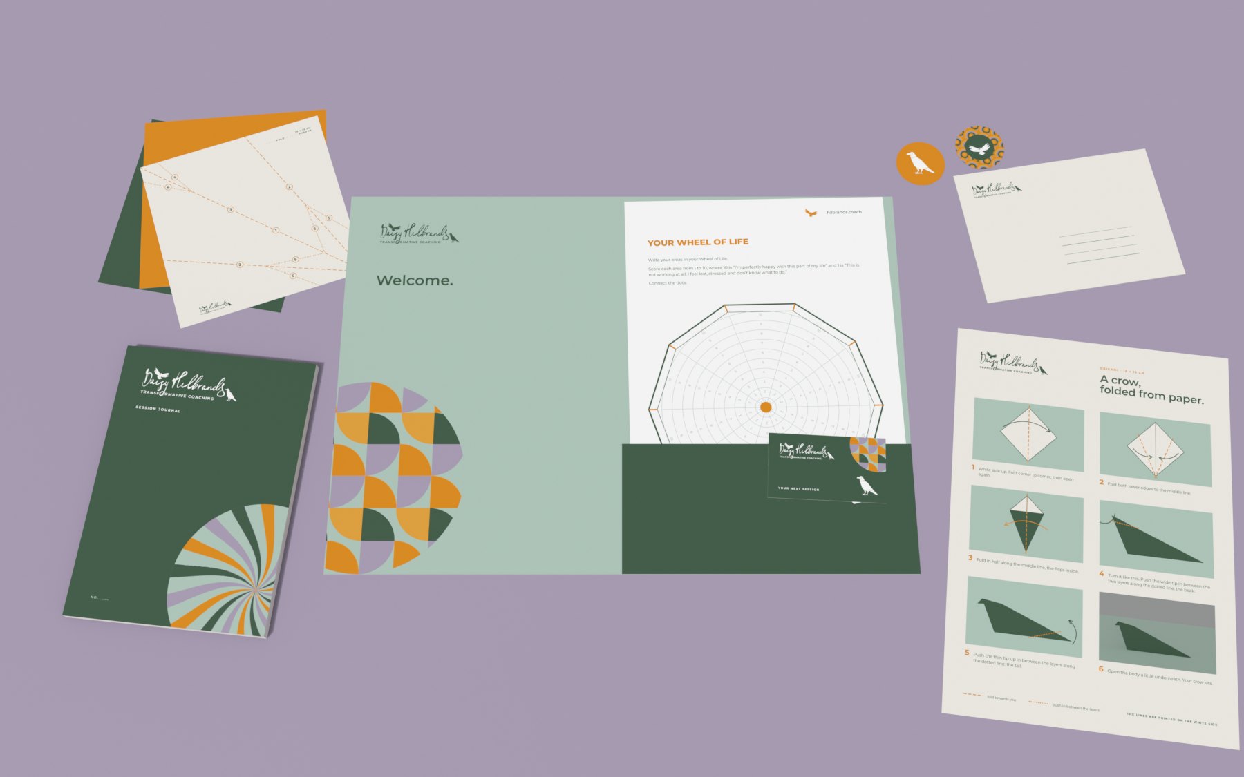 The welcome folder open on lilac: Welcome, the Wheel of Life redone at full size, the fold diagram, the journal, the patterns, the appointment card and two seals