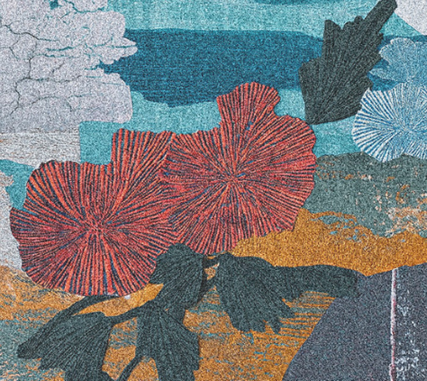 Close-up of the first collage: two red coral shapes and dark leaves over teal water