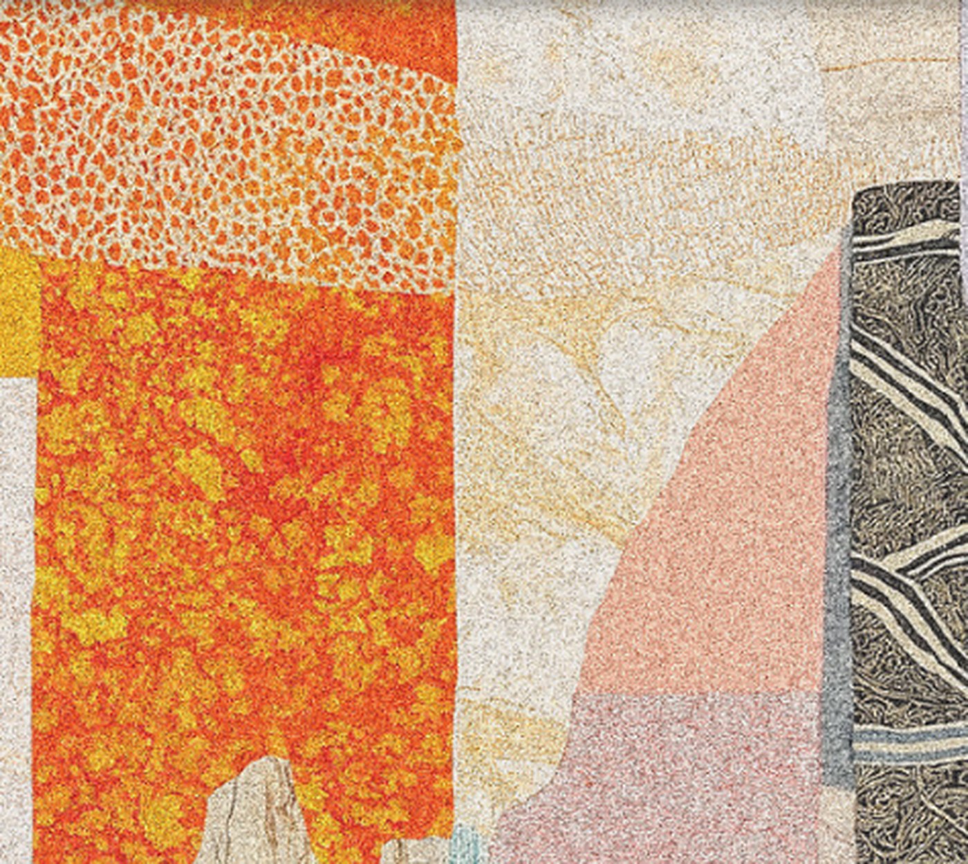 Close-up: speckled orange and yellow paper beside pale pink and a patterned strip