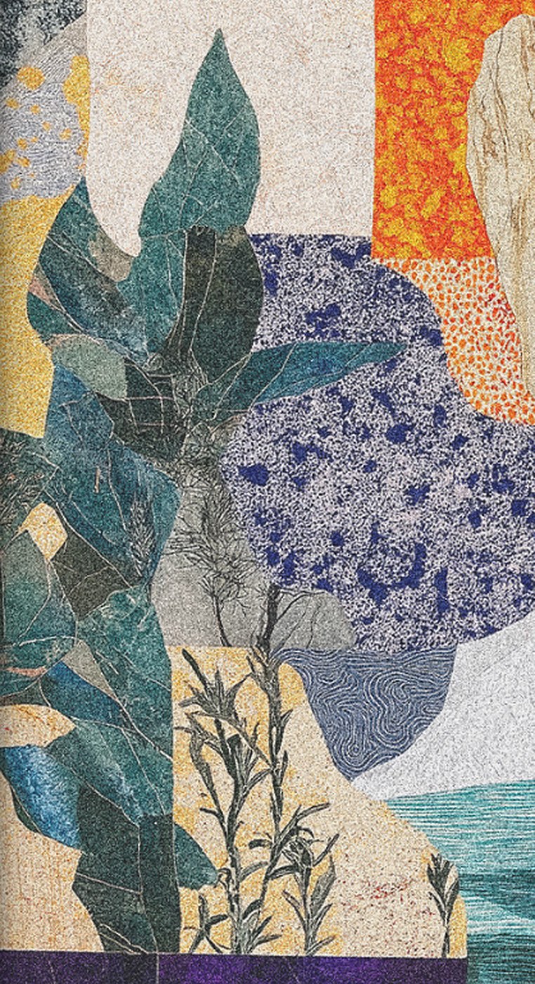 Close-up of the second collage: a cut-out plant, speckled blue paper and a strip of sea