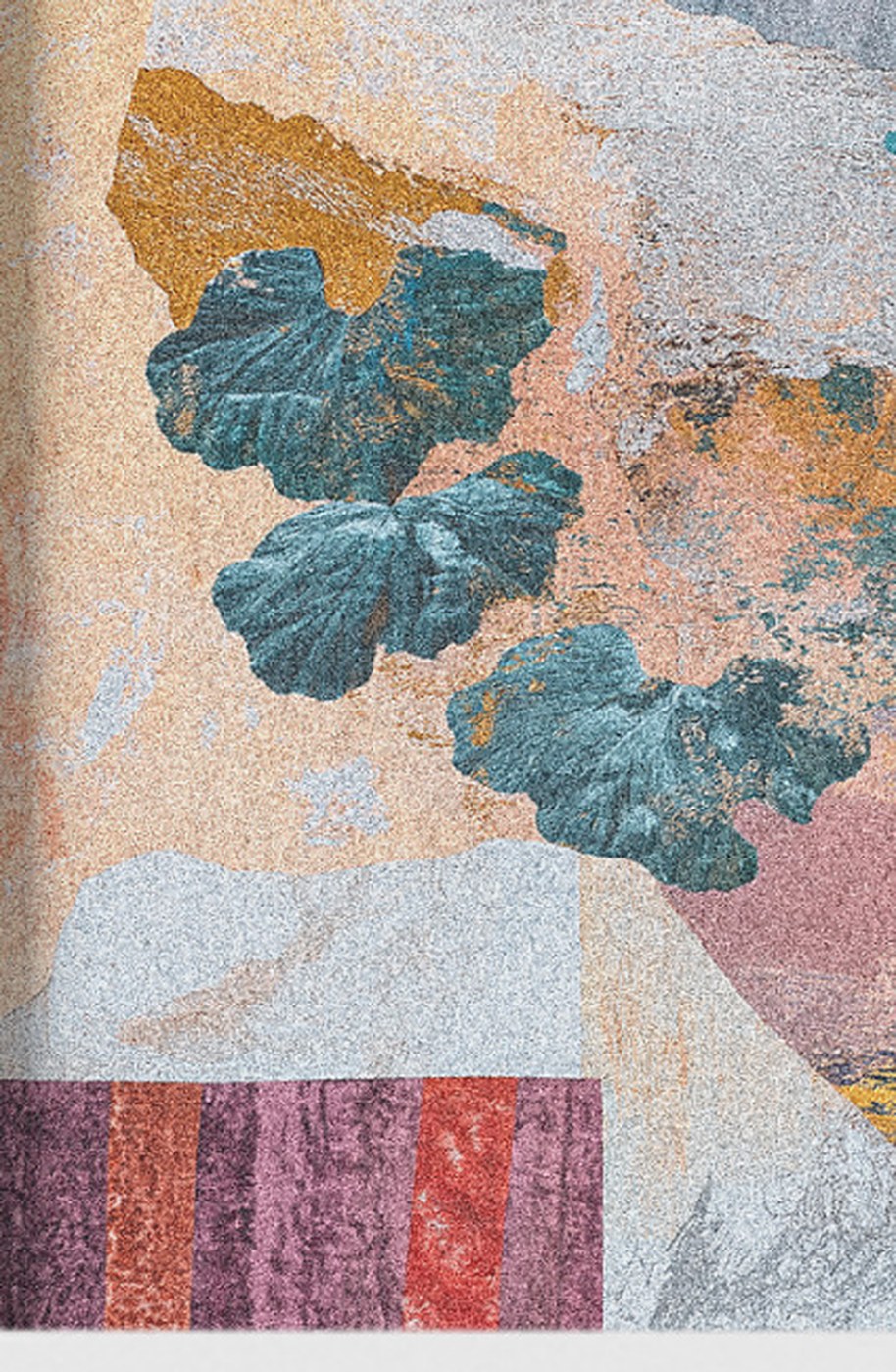 Close-up: teal leaves over pale stone texture, a row of striped paper at the foot