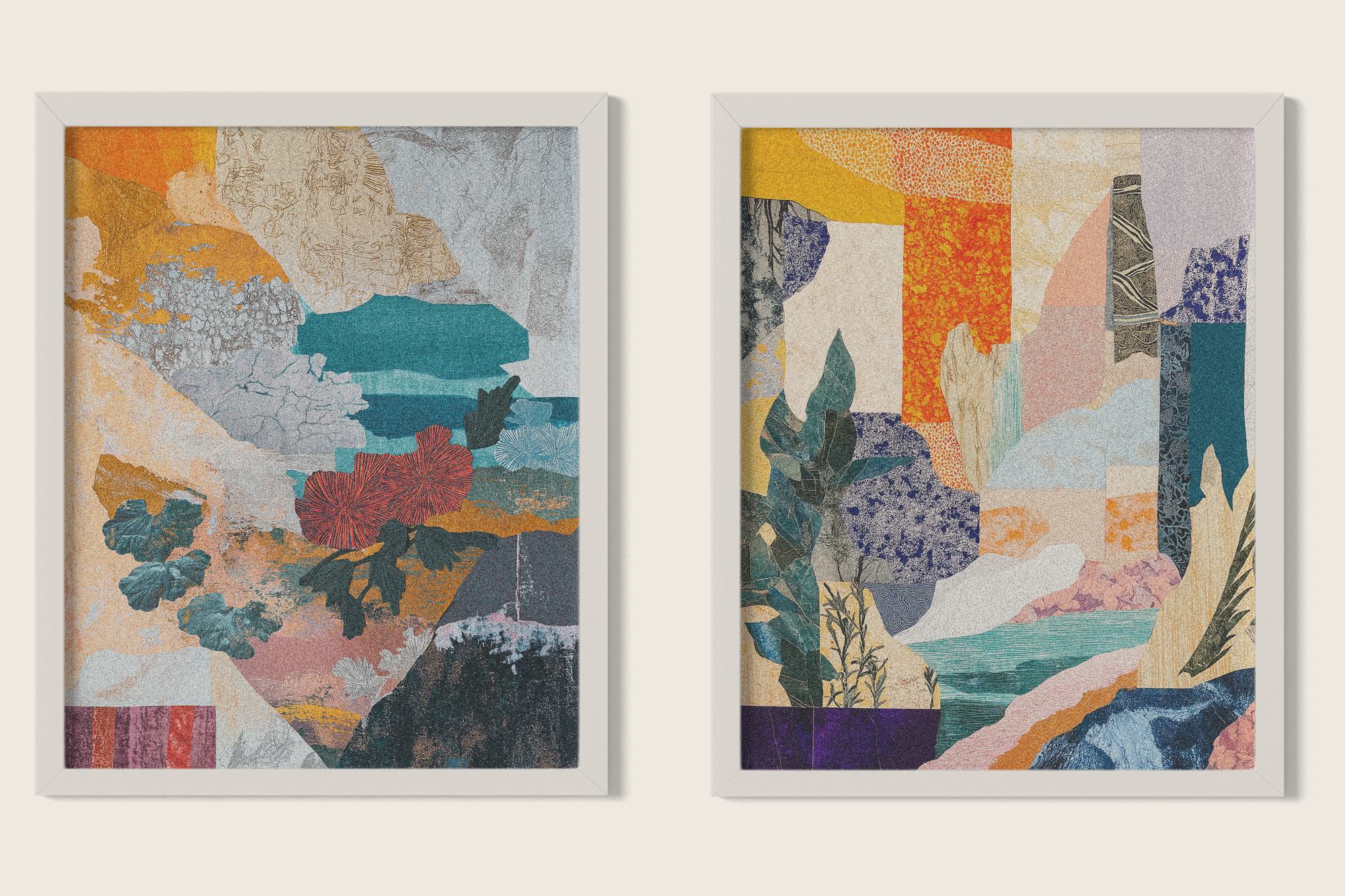 Two collages in white frames on a pale wall: landscapes of torn textures in orange, teal, pink and grey