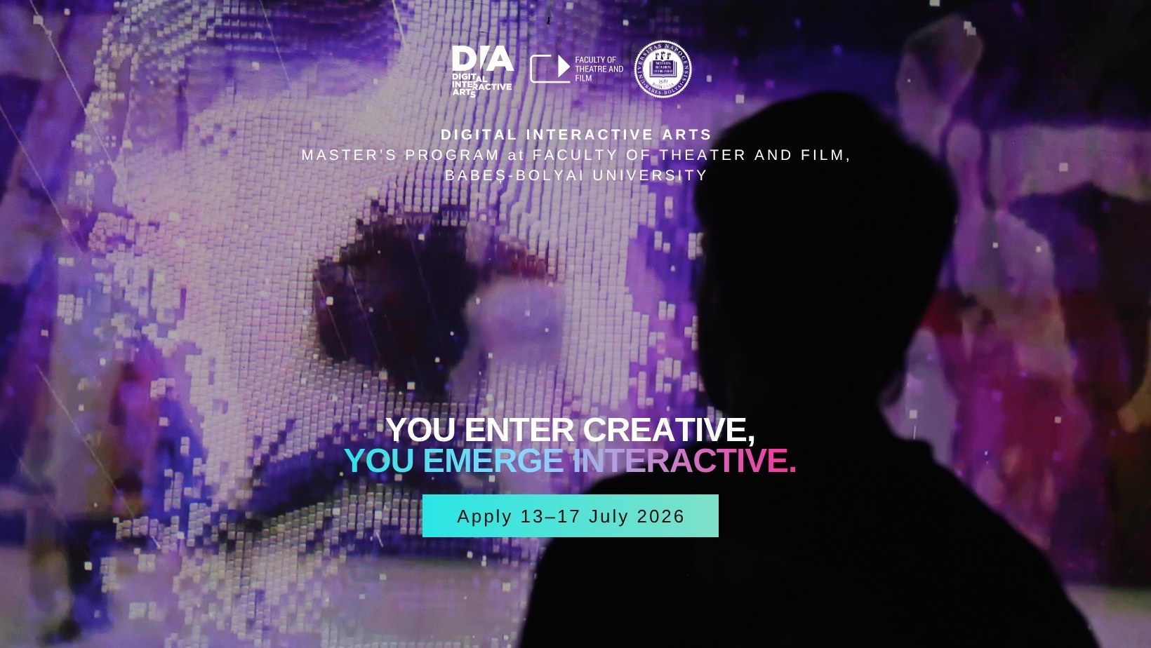 The wide page cover: a face built from light pixels, a visitor in silhouette, You enter creative, you emerge interactive, Apply 13 to 17 July 2026