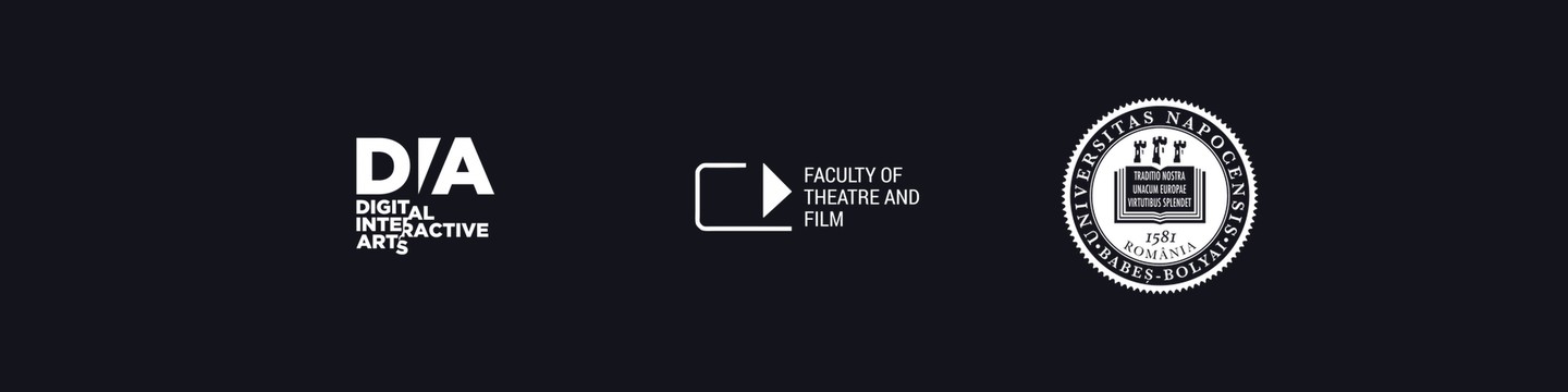 The three marks of the campaign in white on the dark: DIA Digital Interactive Arts, Faculty of Theatre and Film, the seal of Babeș-Bolyai University