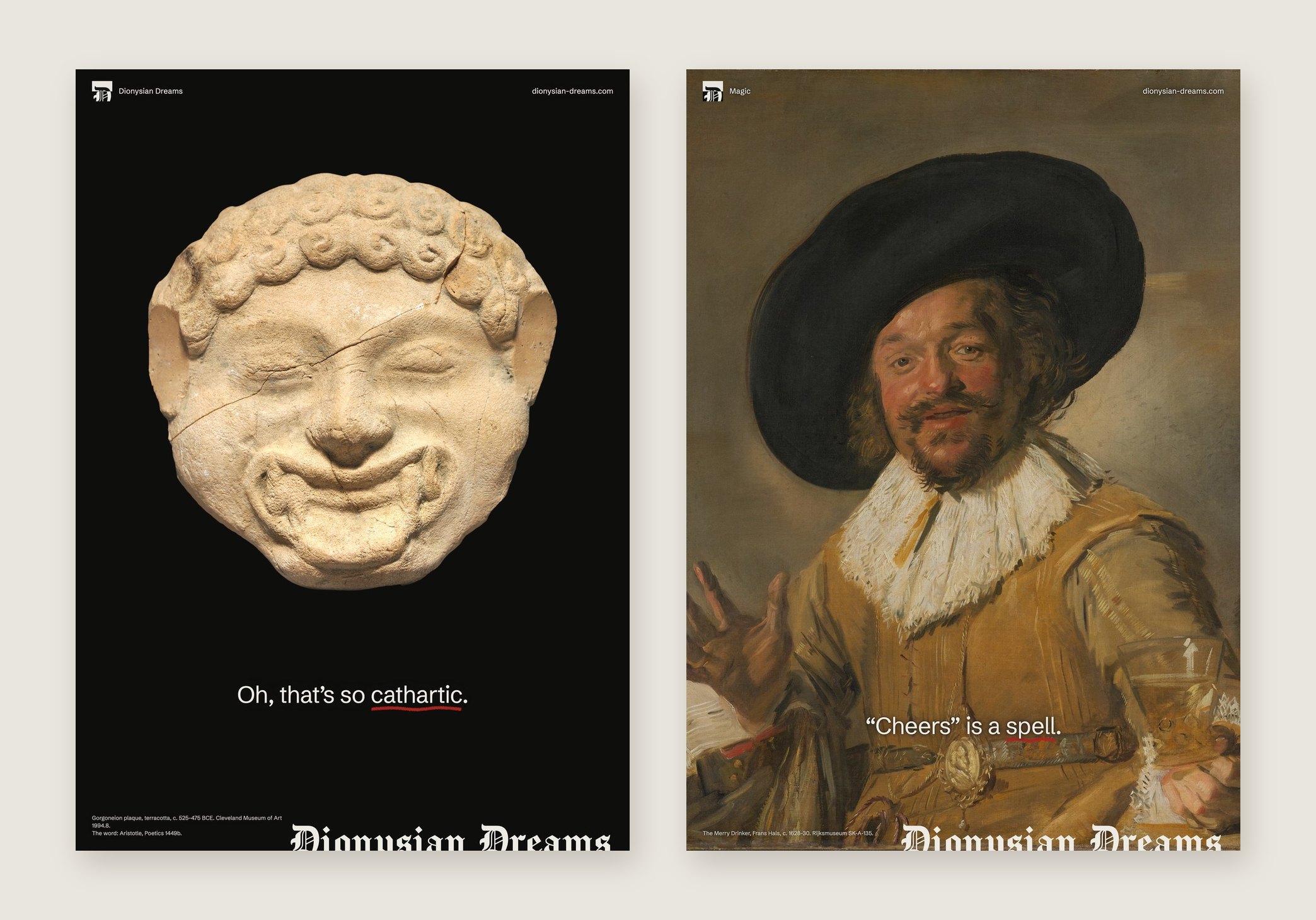 Two print files laid flat: Oh, that's so cathartic with a grinning terracotta mask, and Cheers is a spell with Frans Hals's Merry Drinker