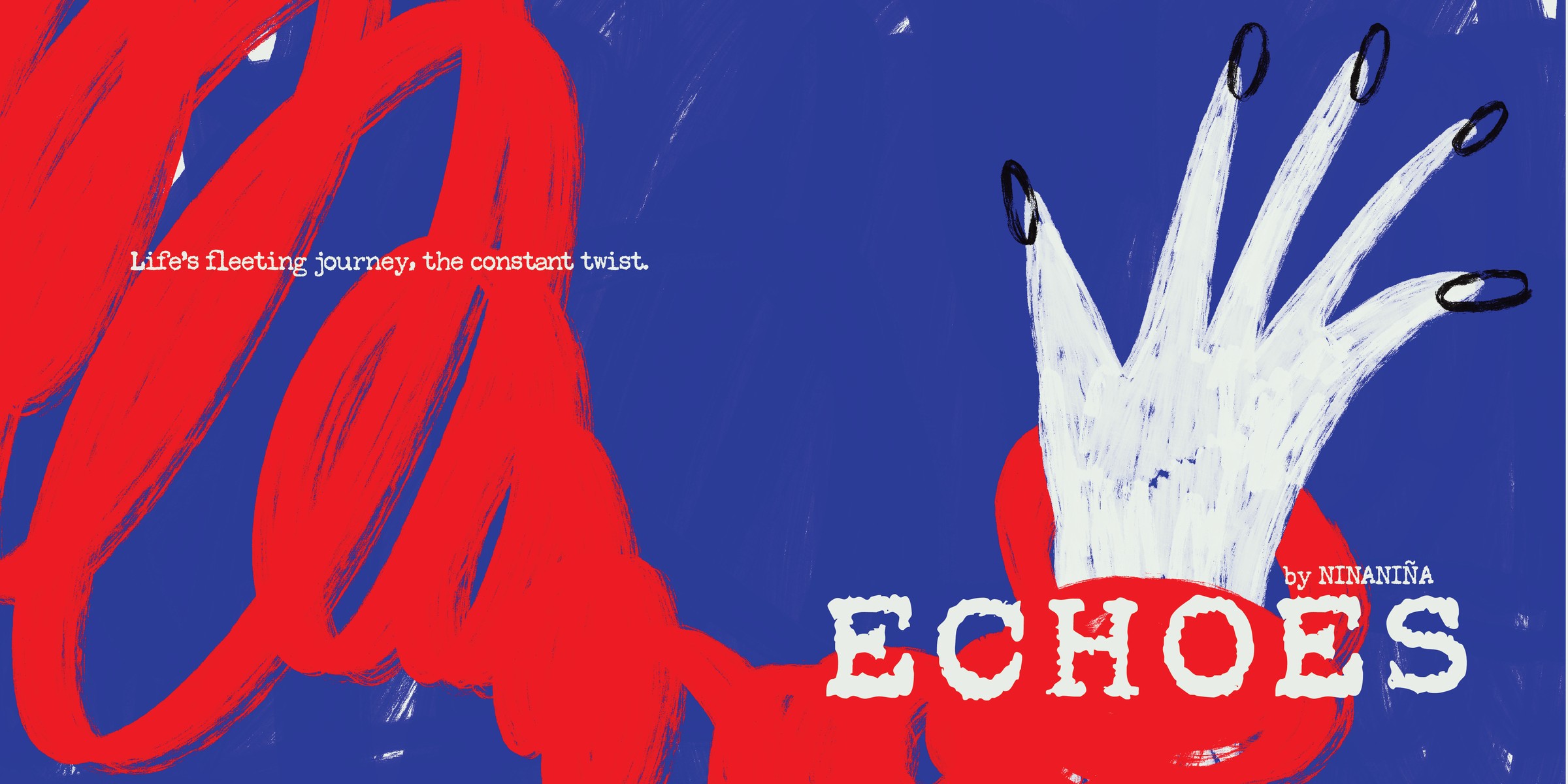 The book cover: Echoes, a red scribble and a white raised hand on blue