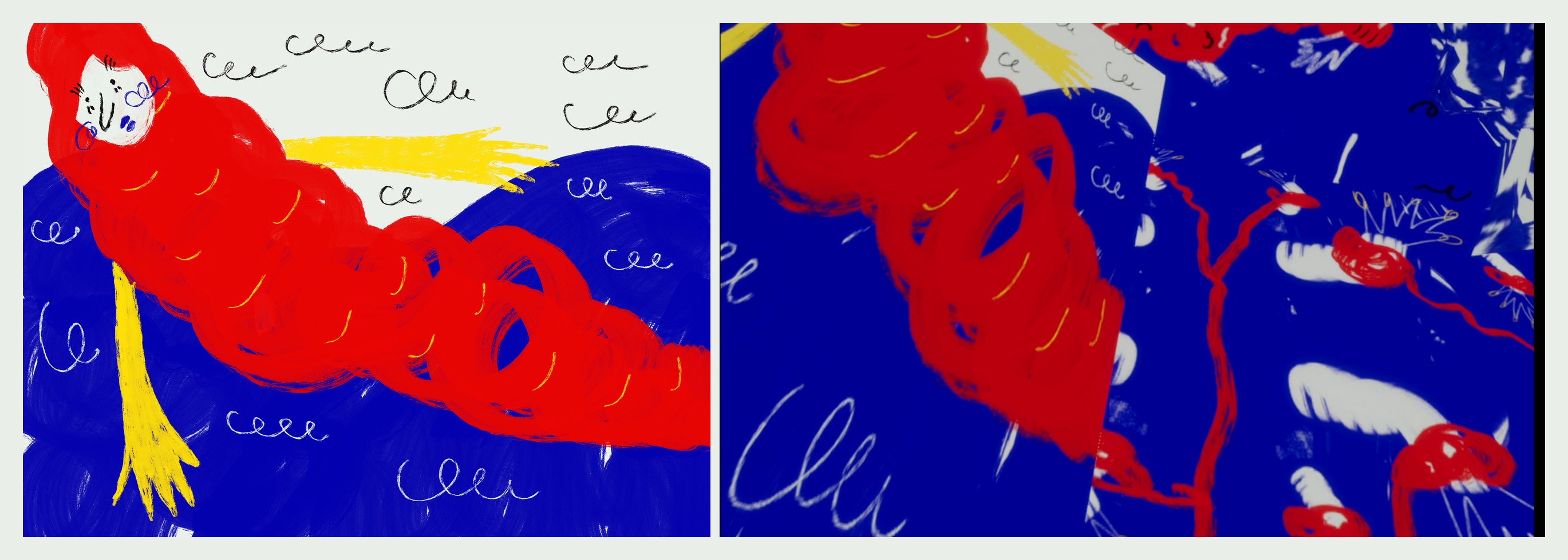 A flat drawing, then the same drawing as the wall of the witches' place