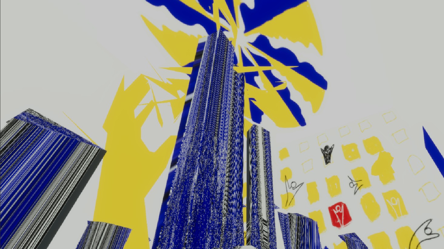 View upwards inside a VR room: blue striped towers, a large yellow hand and yellow squares on a white ground