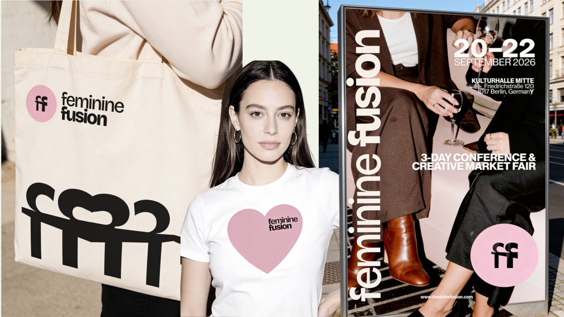From the proposal: the tote with the logo and the row, a white tee with the pink heart, the poster with the name set upright on a street in the city