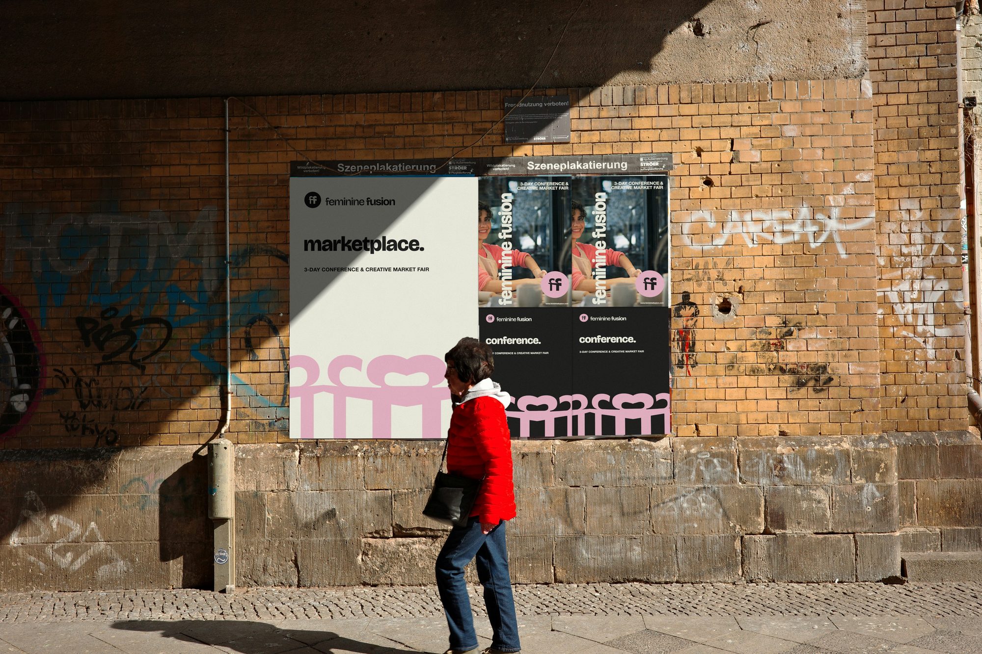 Posters pasted on a wall under a Berlin railway bridge: a large marketplace. poster, her poster with the name set upright twice, conference. twice below; a woman in a red jacket walks past