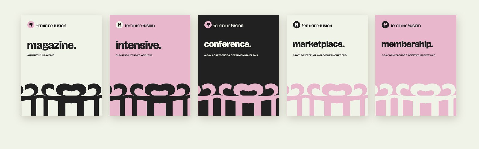 The five posts side by side in light green, pink and black