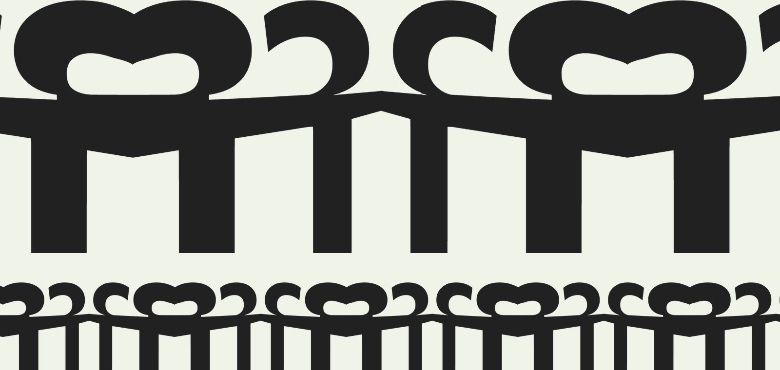 The row of linked figures at two scales, standing on the bottom edge and running off both sides