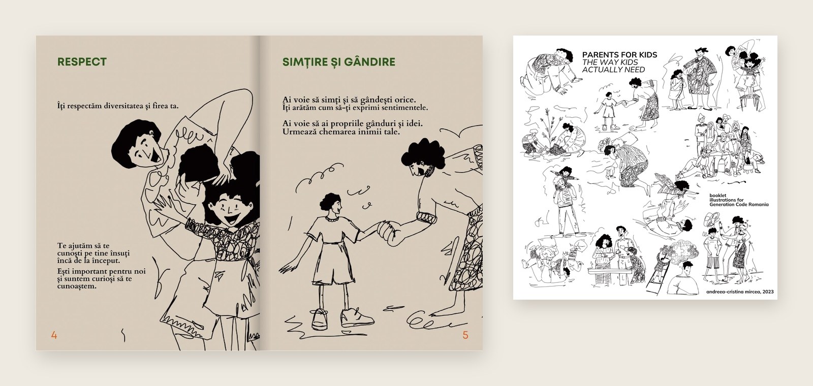 The booklet open at pages 4 and 5, Respect and Simtire si gandire, beside her signed sheet of all the booklet figures, 2023