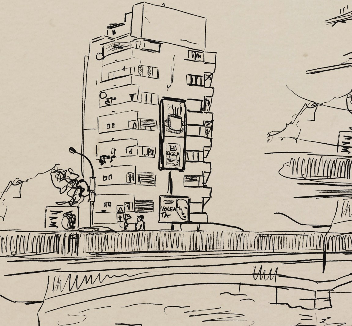 Close-up of a poster: the tower blocks and the old tower drawn in one thin black line, the scribbled clothes of a figure