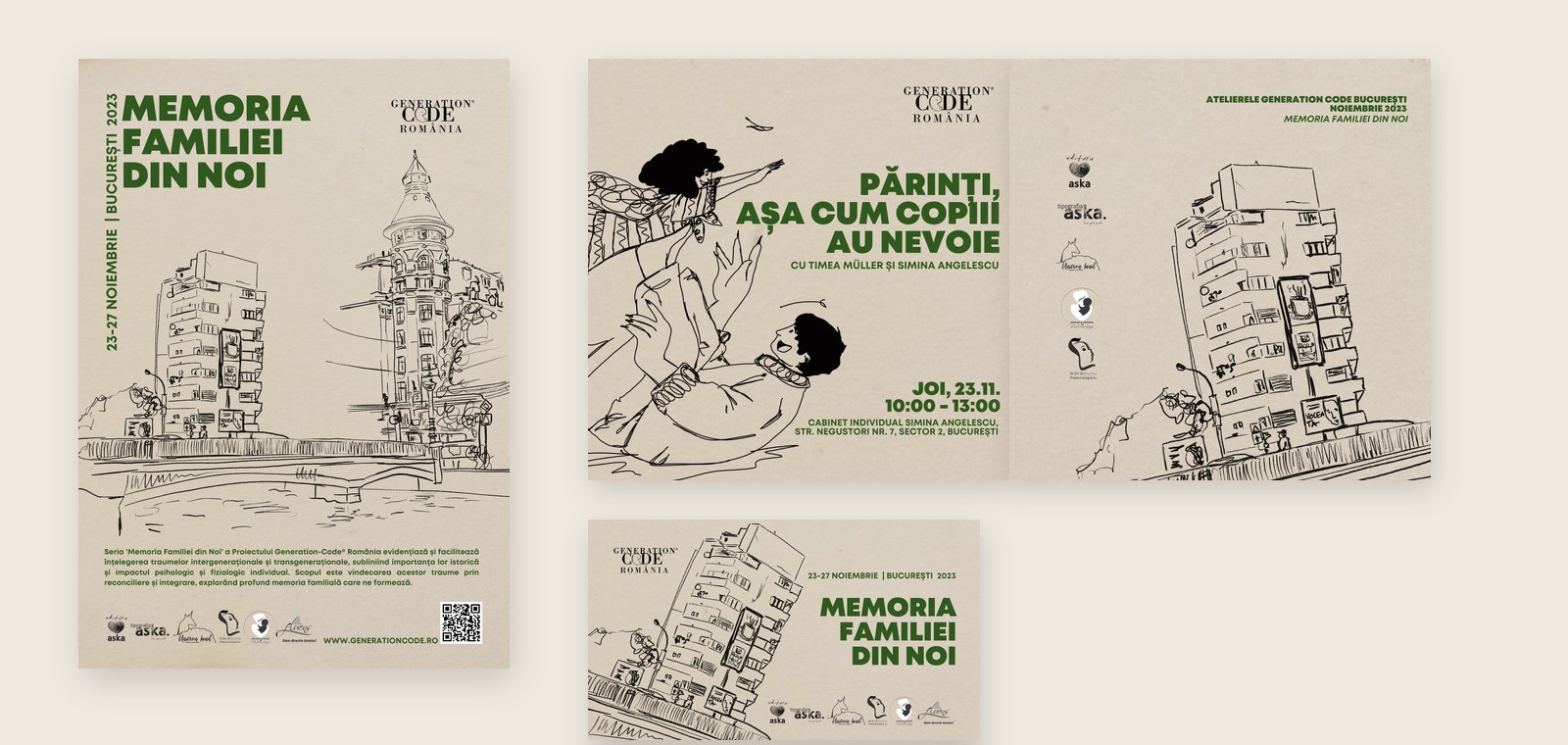 One event in three formats: the Memoria familiei din noi poster, the two Instagram squares joined, the Facebook cover