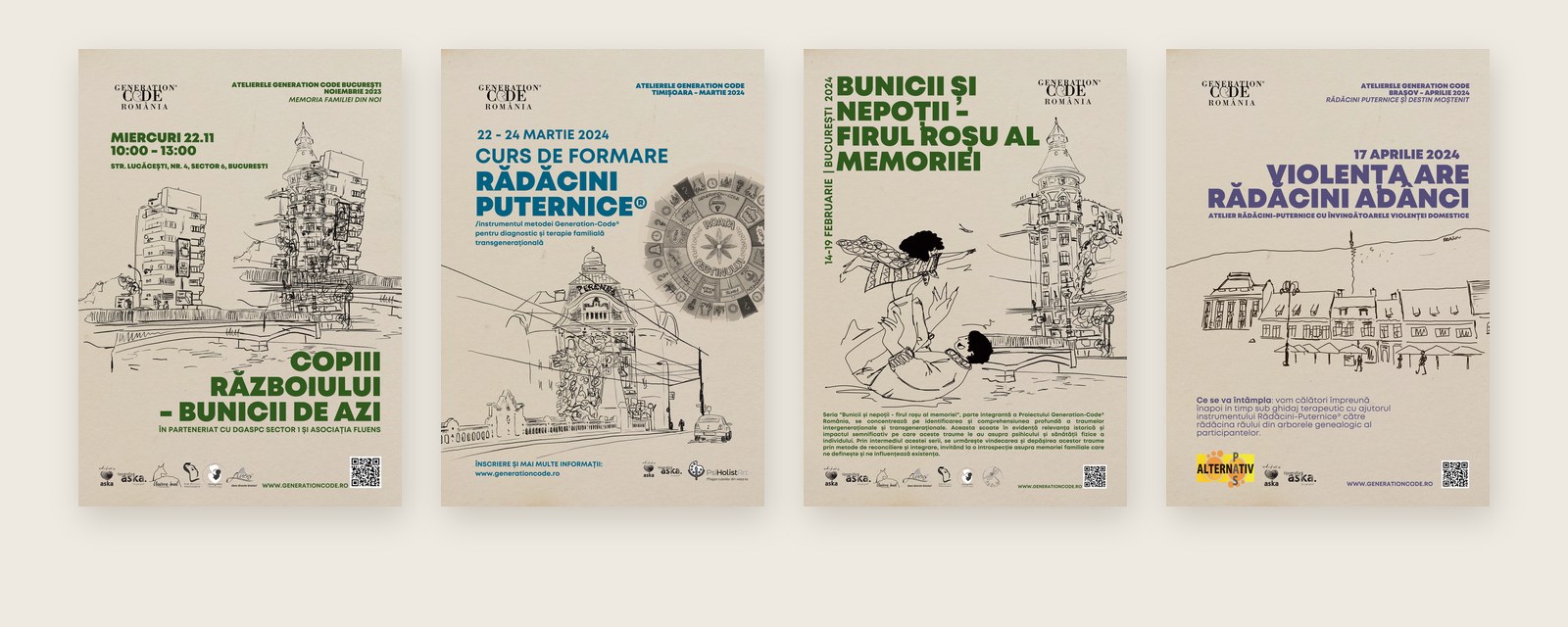 Four posters side by side: Copiii razboiului in green, the Timisoara course in blue, Bunicii si nepotii in green, Violenta are radacini adanci in violet
