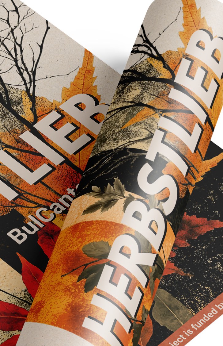 Close-up: the rolled edge of the print, the white title Herbstlieb running round the curl