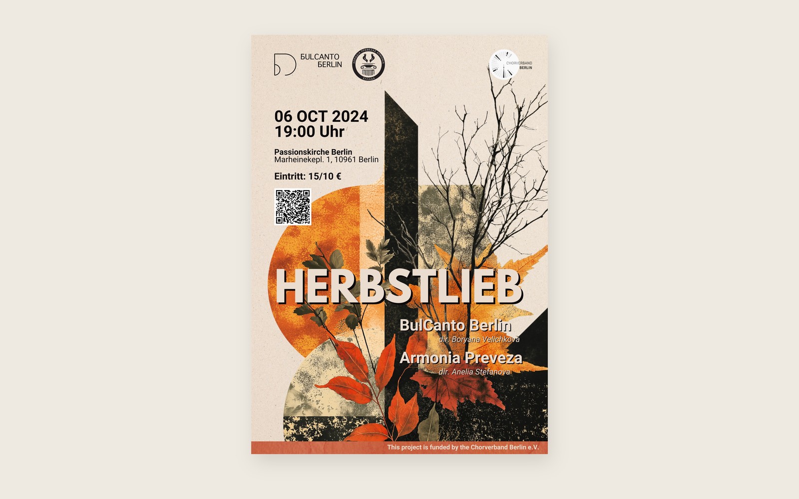 The Herbstlieb poster flat on a pale desk: 06 Oct 2024, Passionskirche Berlin, the white title over a collage of autumn leaves, an orange disc, a dark block and bare branches