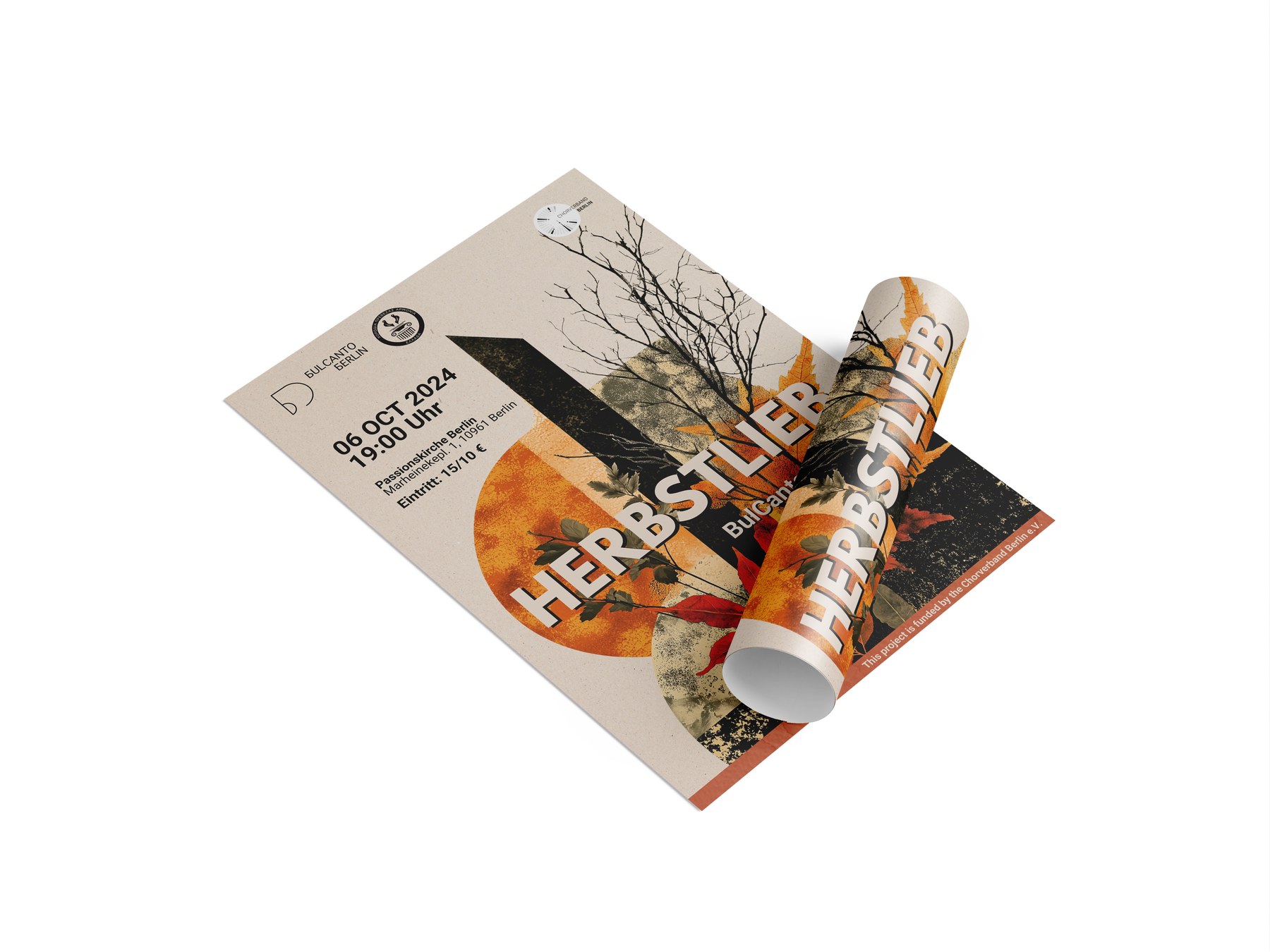 The Herbstlieb poster printed, lying on a pale ground, its lower half rolled up so the title shows twice