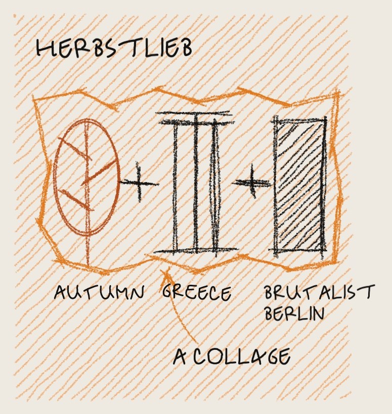 Drawn by hand on orange crayon: a leaf, a column and a block inside a torn edge: autumn, Greece, brutalist Berlin, a collage