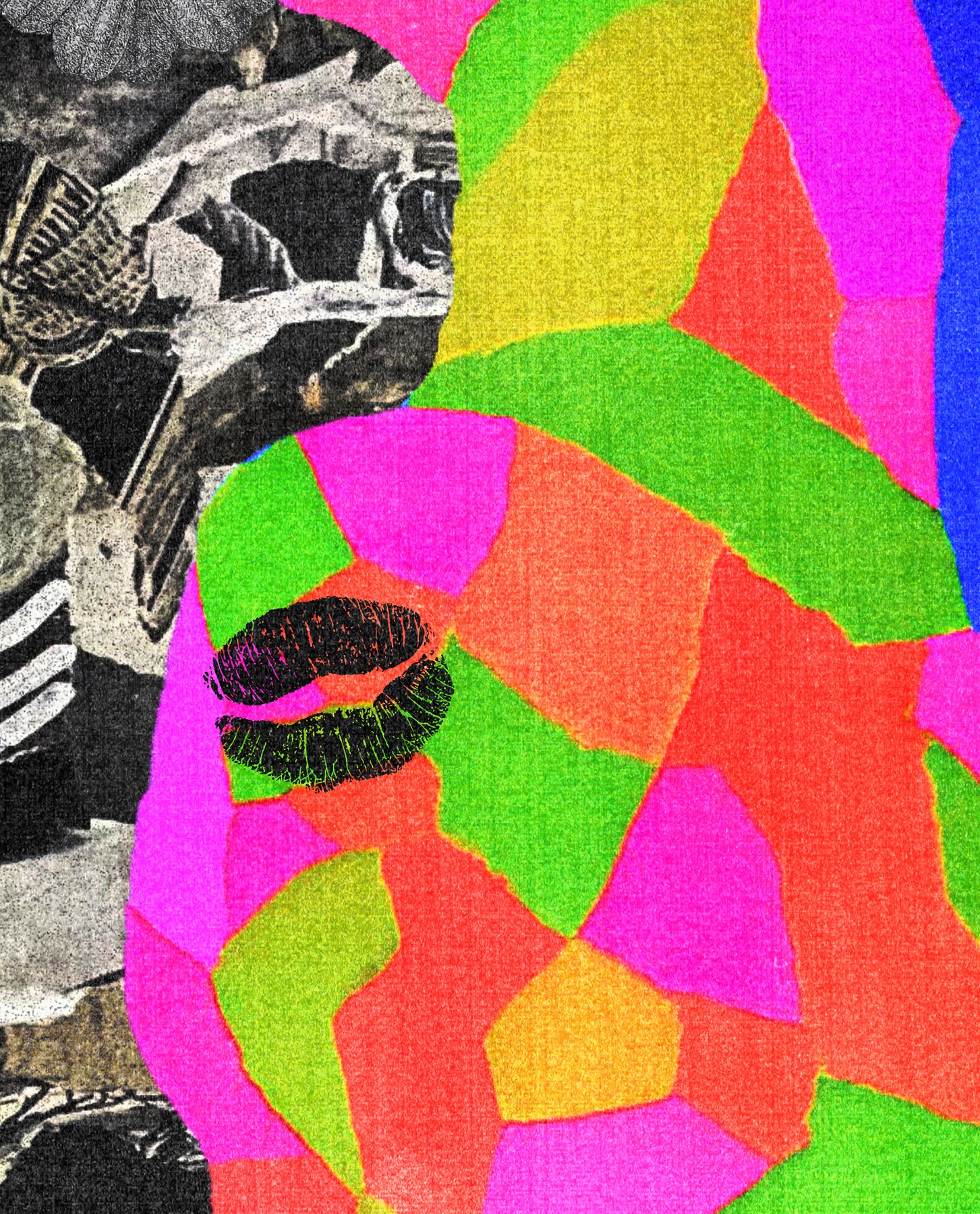 Close-up: the neon head with printed lips