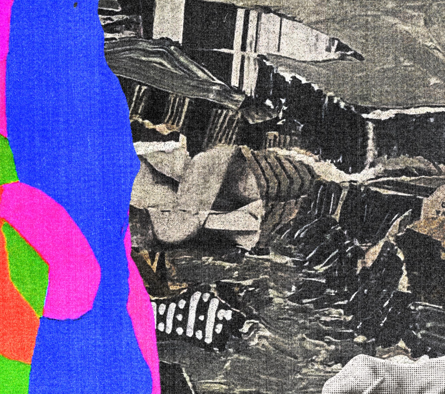 Close-up: the neon edge meeting layers of torn print