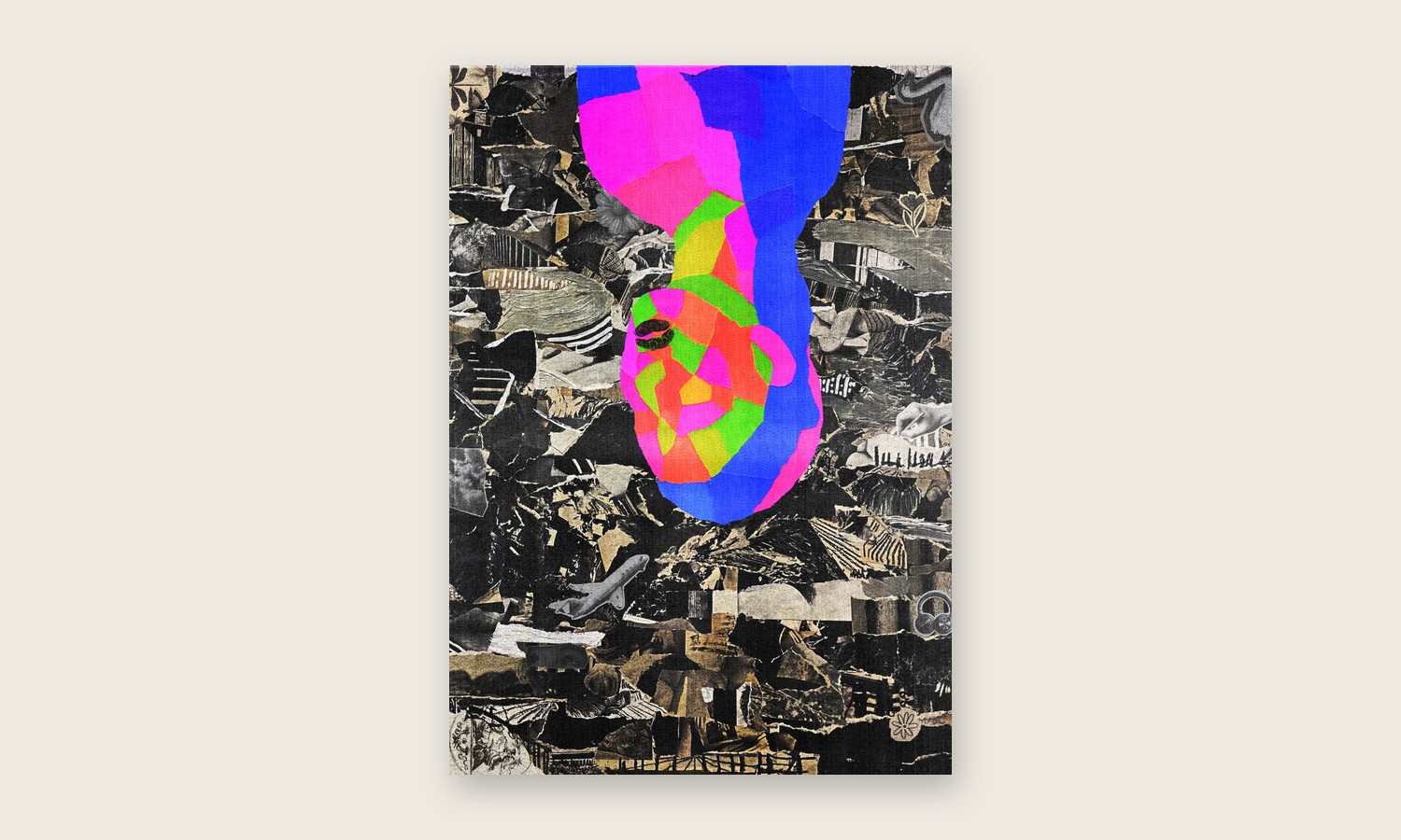 The HOME.AT?! collage on the desk: a figure in neon paper, head down, among torn black and white print