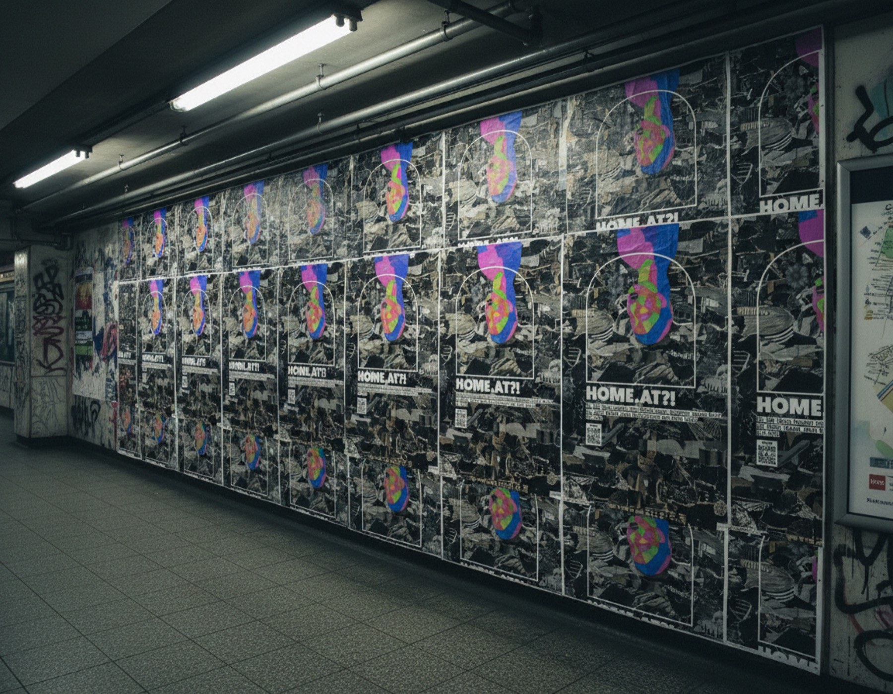 The HOME.AT?! poster pasted again and again along a subway wall