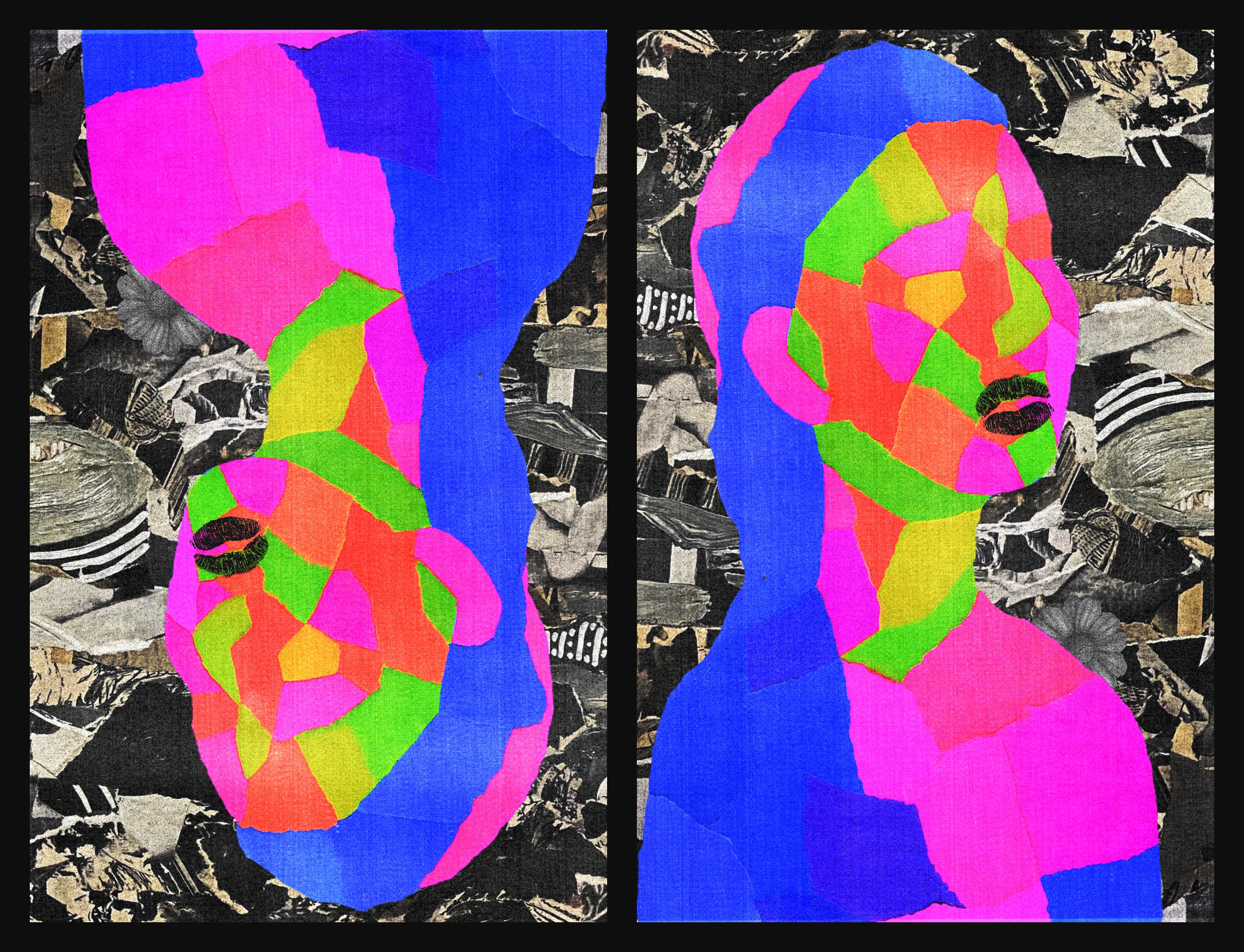 The collage twice: head down as printed, and turned round, a bust in profile