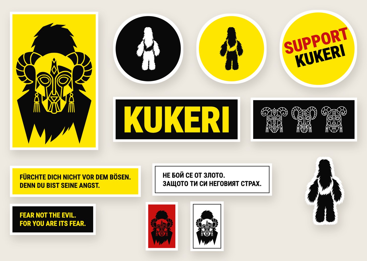 The die-cut stickers: the mask, the little Kukeri, the Support Kukeri seal, the word Kukeri, the three line masks and the proverb in three languages