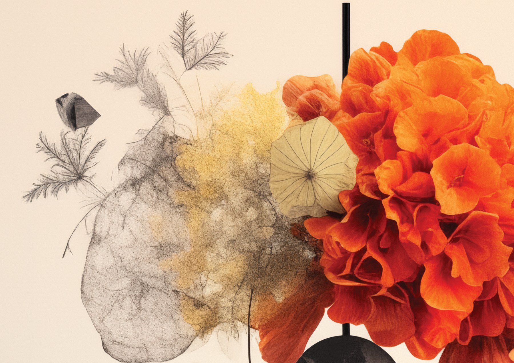 Close-up: orange and yellow blossom beside a drawn grey leaf