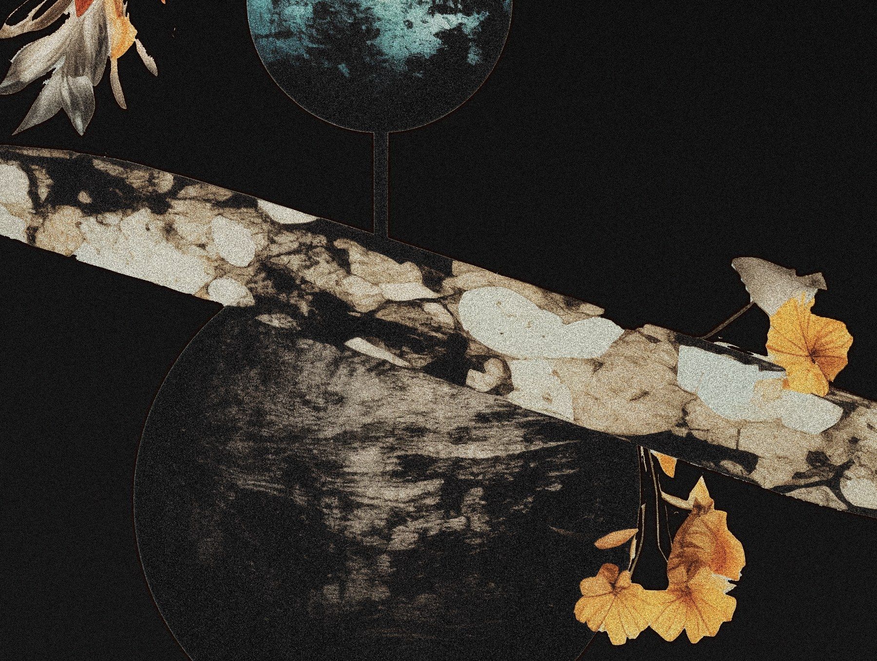 Close-up of the black version: the lowest planet under a stone slab, yellow flowers