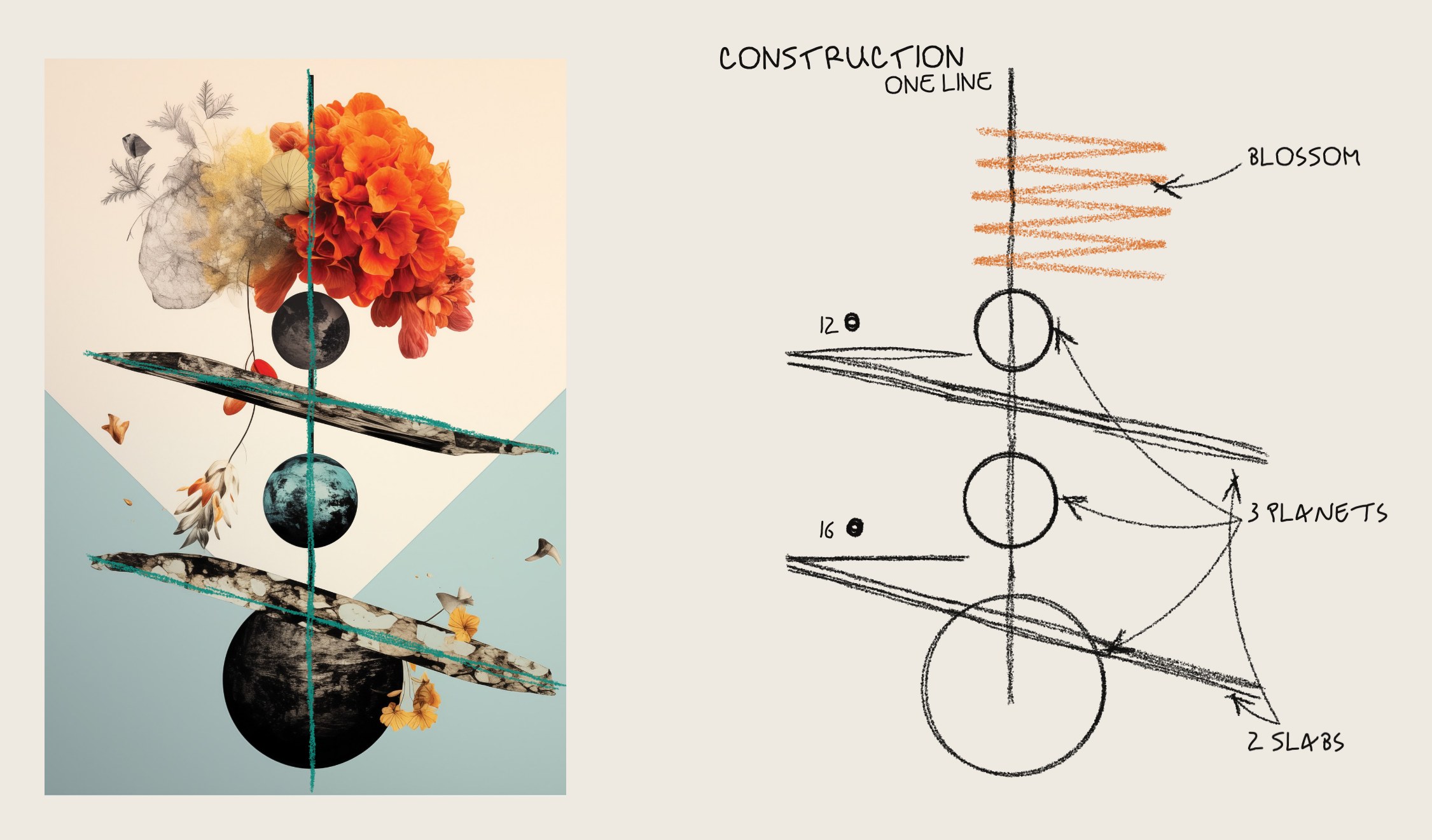 The picture with its one axis and the two slabs traced over it in green; beside it the same picture as a skeleton: one line, the blossom, three planets, two slabs tilted about 12 and 16 degrees