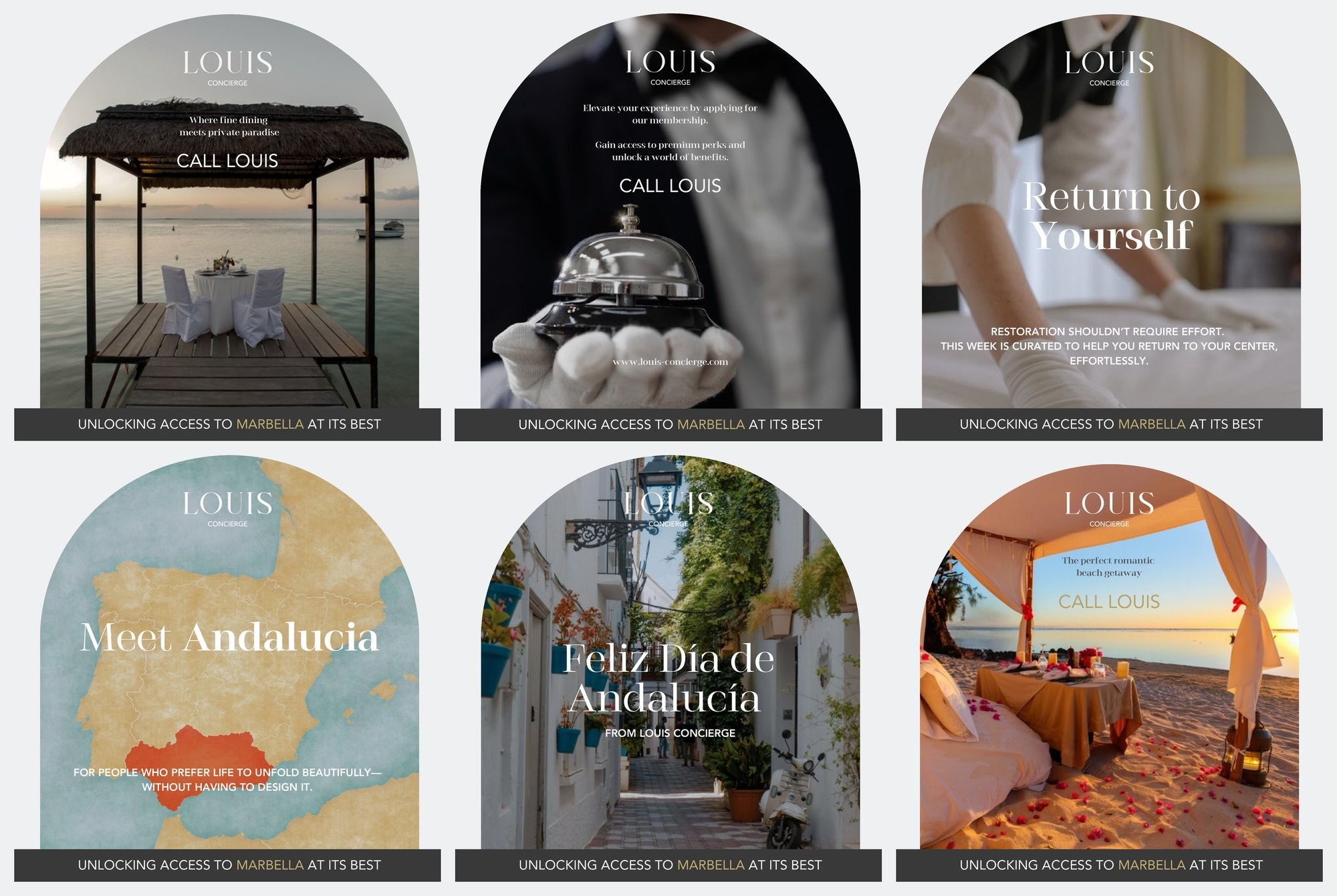 Six posts in the arch template: dinner on a pier, a service bell, Return to Yourself, Meet Andalucía, Feliz Día de Andalucía, a beach table