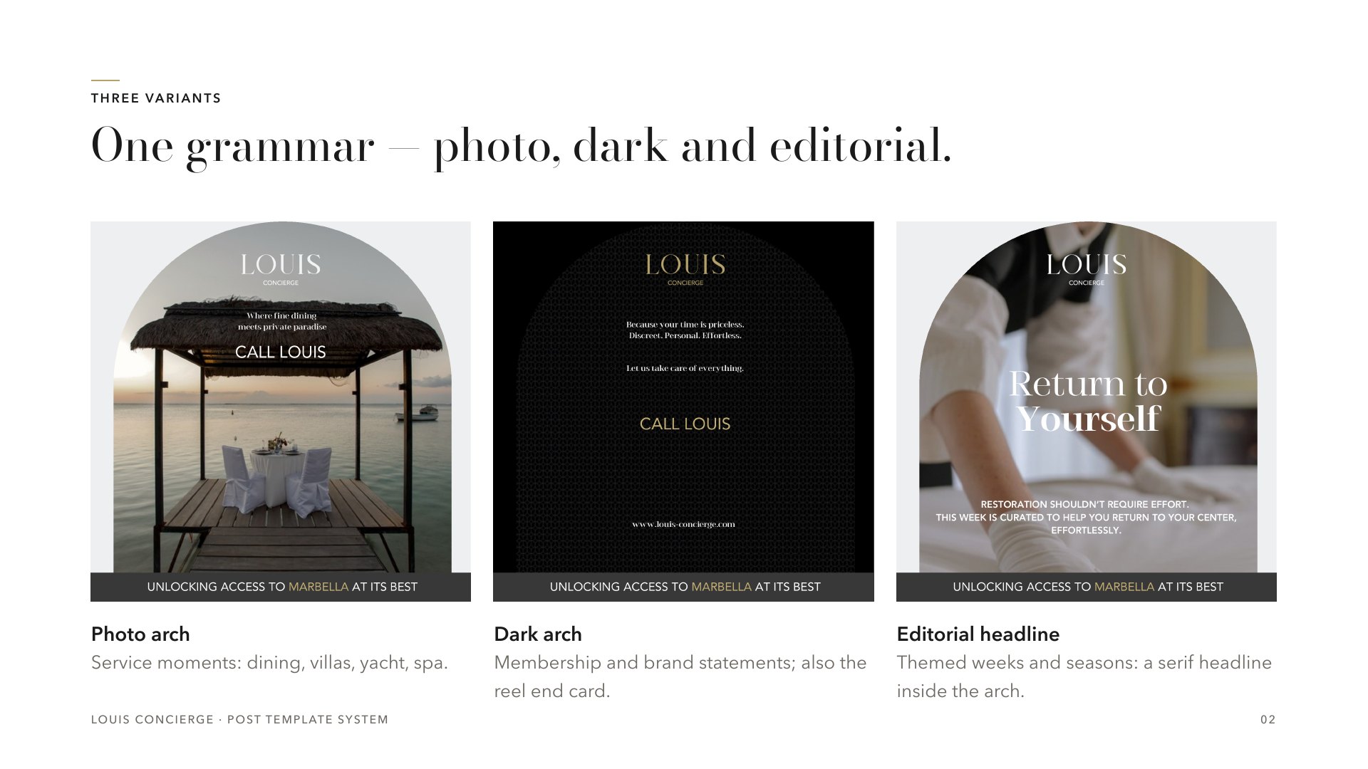 Three variants of one grammar: photo arch, dark arch, editorial headline