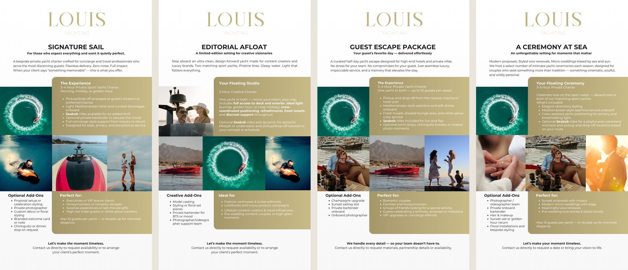 Four charter one-pagers: Signature Sail, Editorial Afloat, Guest Escape Package, A Ceremony at Sea