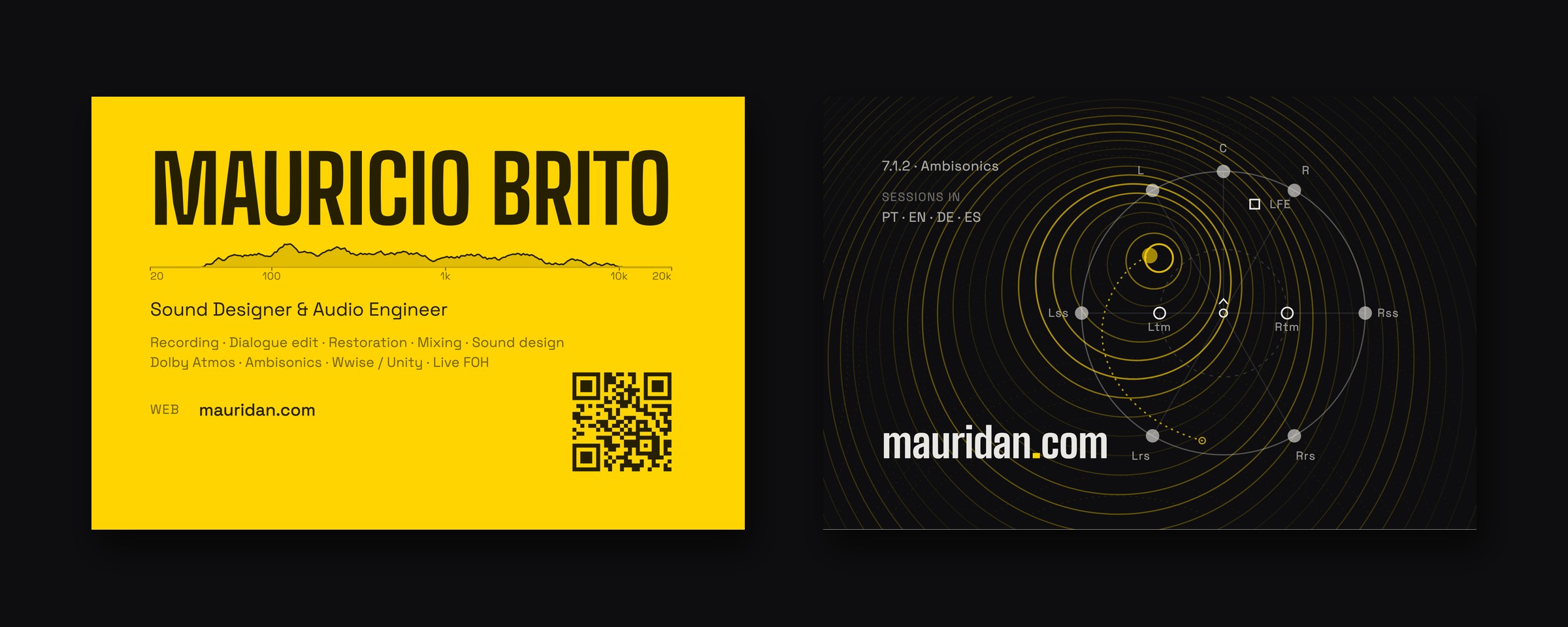 The business card on the dark room: the yellow front with the name, a frequency line and the roles, the dark back with a 7.1.2 speaker plan in yellow rings