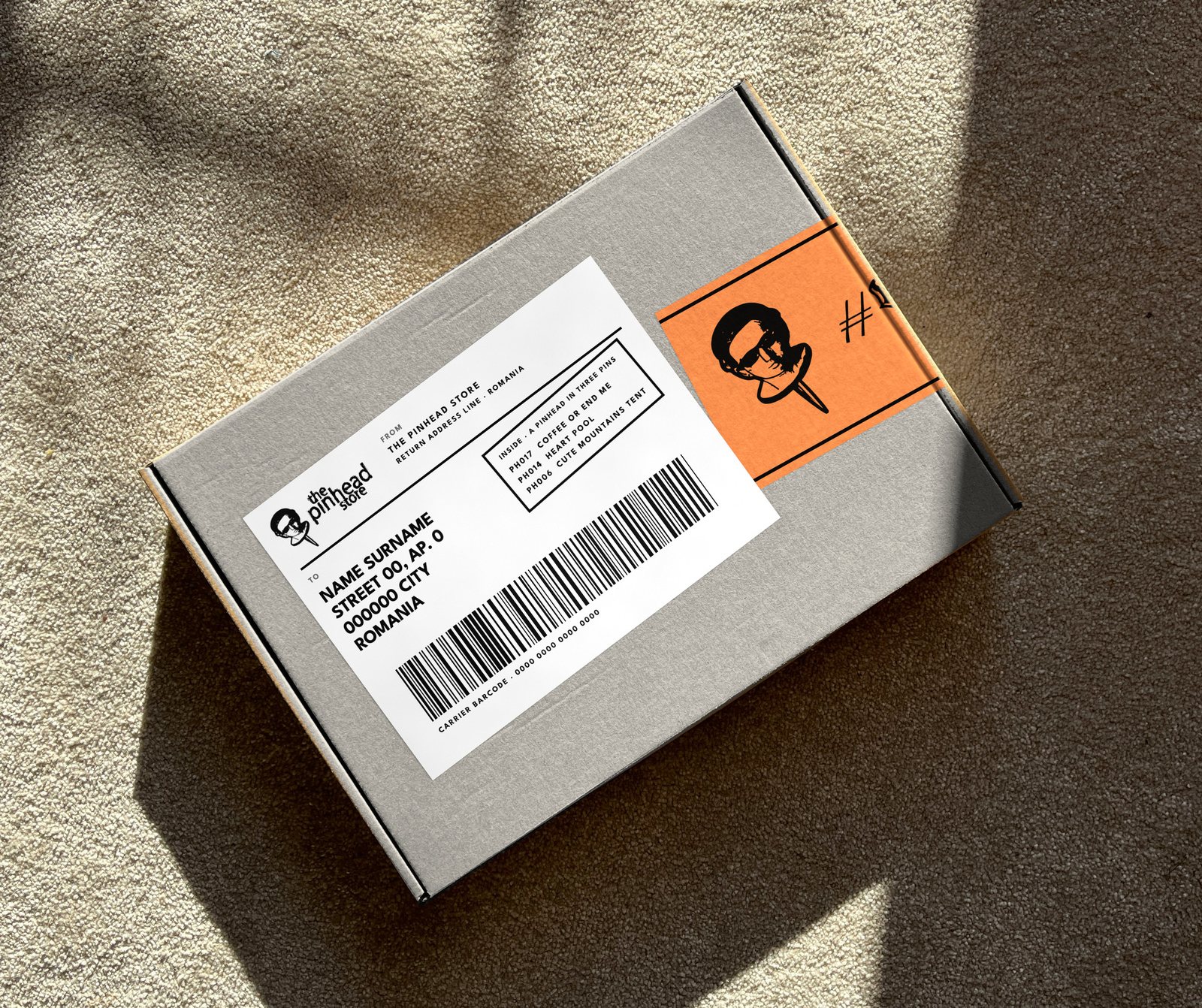 The grey mailer box on a sunlit floor, closed with the orange tape, the shipping label on top