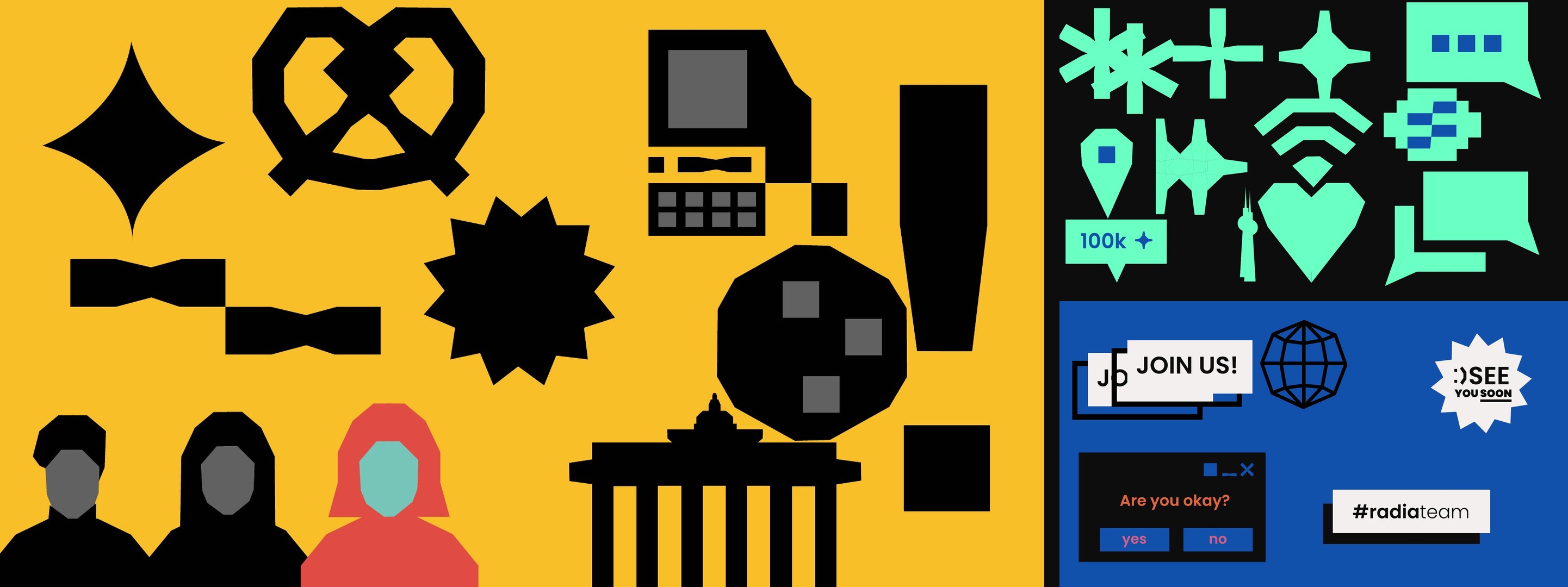 The picture library, three guideline pages: on yellow a star, a pretzel, an old computer, the Brandenburg Gate, three women; in mint on black sparks, wifi, a heart, speech bubbles, the TV tower; on blue Join us!, a globe, See you soon, Are you okay?, #radiateam