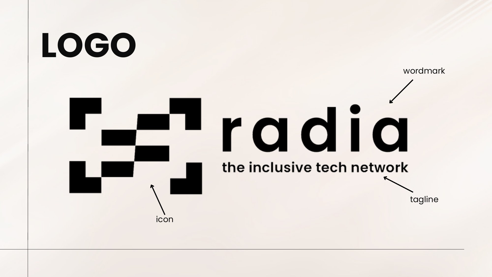 Radia Brand Guideline, the logo page: a megaphone built from pixels, the wordmark radia and the tagline the inclusive tech network