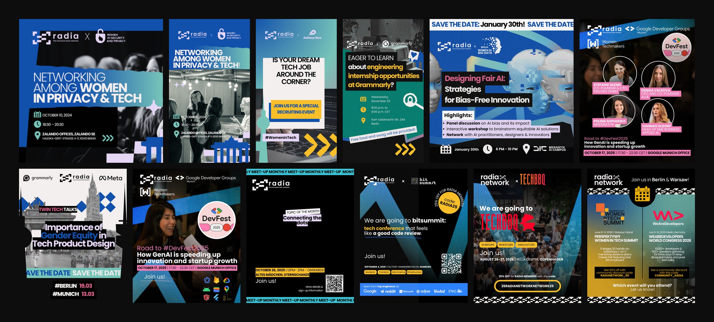 The first page of each further series, as published: Networking among Women in Privacy & Tech at Zalando, Delivery Hero, Grammarly, Designing Fair AI at Merantix AI Campus, Road to DevFest with Google, Twin Tech Talks, the Hamburg meet-ups, bitsummit, TechBBQ, Perspektywy Women in Tech Summit and WeAreDevelopers