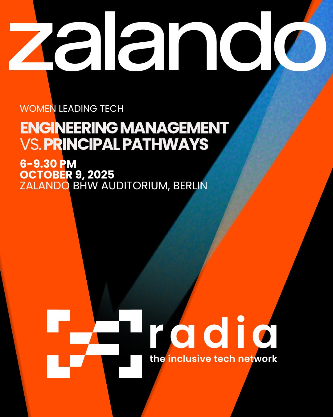Women Leading Tech, the key visual: Zalando in white over orange and blue bands, the Radia mark
