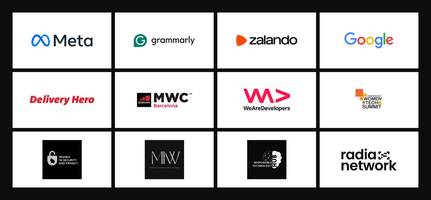 Partners and hosts on white tiles, each logo in its own colours: Meta, Grammarly, Zalando, Google, Delivery Hero, MWC Barcelona, WeAreDevelopers, Perspektywy Women in Tech Summit, Women in Security and Privacy, Munich International Women, Responsible Technology Hub, Radia